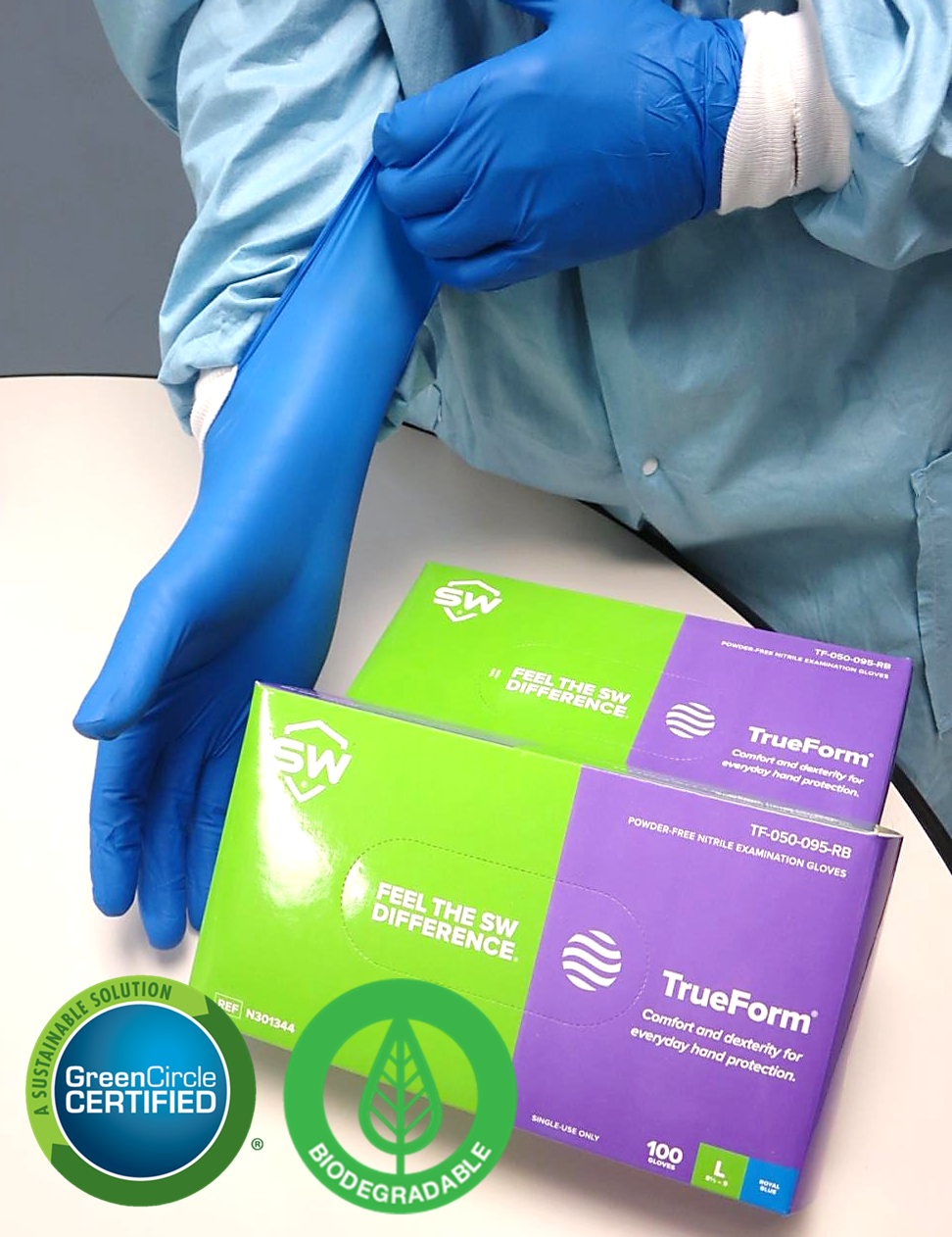 TrueForm® EcoTek® Biodegradable Blue Nitrile Exam Gloves Sustainable